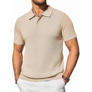 imageCOOFANDY Mens Knit Polo Shirts Short Sleeve Casual Button Down Shirts Vintage Collared Golf ShirtsLight Brown
