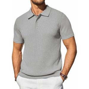 imageCOOFANDY Mens Knit Polo Shirts Short Sleeve Casual Button Down Shirts Vintage Collared Golf ShirtsLight Gray
