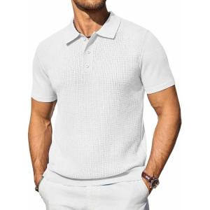 imageCOOFANDY Mens Knit Polo Shirts Short Sleeve Casual Button Down Shirts Vintage Collared Golf ShirtsWhite
