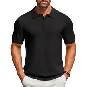 imageCOOFANDY Mens Knit Polo Shirts Short Sleeve Classic Fit Shirts Casual Goft Collared Textured T Shirt01black