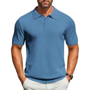 imageCOOFANDY Mens Knit Polo Shirts Short Sleeve Classic Fit Shirts Casual Goft Collared Textured T ShirtDark Blue