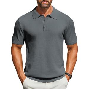 imageCOOFANDY Mens Knit Polo Shirts Short Sleeve Classic Fit Shirts Casual Goft Collared Textured T ShirtDark Grey