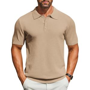 imageCOOFANDY Mens Knit Polo Shirts Short Sleeve Classic Fit Shirts Casual Goft Collared Textured T ShirtKhaki