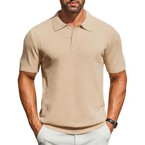 imageCOOFANDY Mens Knit Polo Shirts Short Sleeve Classic Fit Shirts Casual Goft Collared Textured T ShirtLight Khaki