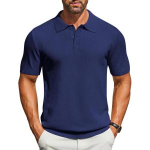 imageCOOFANDY Mens Knit Polo Shirts Short Sleeve Classic Fit Shirts Casual Goft Collared Textured T ShirtNavy Blue