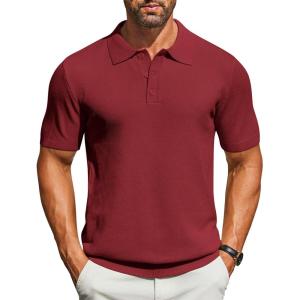 imageCOOFANDY Mens Knit Polo Shirts Short Sleeve Classic Fit Shirts Casual Goft Collared Textured T ShirtWine Red