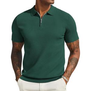 imageCOOFANDY Mens Zipper Polo Shirts Short Sleeve Casual Knit Polo Shirts Lightweight Golf ShirtGreen