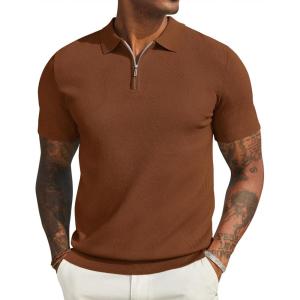 imageCOOFANDY Mens Zipper Polo Shirts Short Sleeve Casual Knit Polo Shirts Lightweight Golf ShirtLight Brown