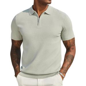 imageCOOFANDY Mens Zipper Polo Shirts Short Sleeve Casual Knit Polo Shirts Lightweight Golf ShirtLight Green