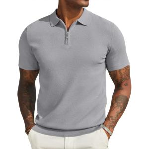 imageCOOFANDY Mens Zipper Polo Shirts Short Sleeve Casual Knit Polo Shirts Lightweight Golf ShirtLight Grey
