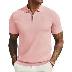 imageCOOFANDY Mens Zipper Polo Shirts Short Sleeve Casual Knit Polo Shirts Lightweight Golf ShirtPink