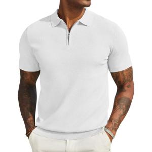 imageCOOFANDY Mens Zipper Polo Shirts Short Sleeve Casual Knit Polo Shirts Lightweight Golf ShirtWhite