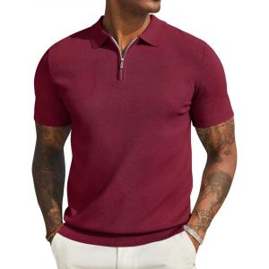 imageCOOFANDY Mens Zipper Polo Shirts Short Sleeve Casual Knit Polo Shirts Lightweight Golf ShirtWine Red