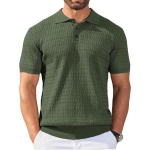 imageCOOFANDY Mens Knit Polo Shirt Short Sleeve Vintage Textured Casual Golf Shirts Summer Beach TopArmy Green