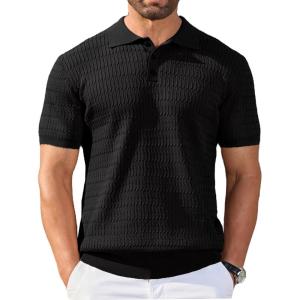 imageCOOFANDY Mens Knit Polo Shirt Short Sleeve Vintage Textured Casual Golf Shirts Summer Beach TopBlack