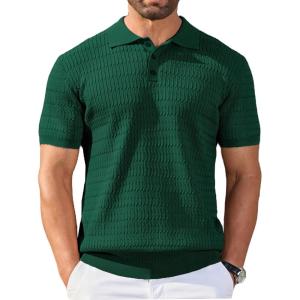 imageCOOFANDY Mens Knit Polo Shirt Short Sleeve Vintage Textured Casual Golf Shirts Summer Beach TopDark Green