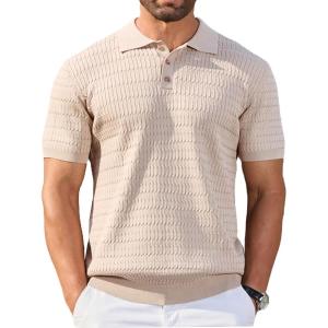 imageCOOFANDY Mens Knit Polo Shirt Short Sleeve Vintage Textured Casual Golf Shirts Summer Beach TopKhaki