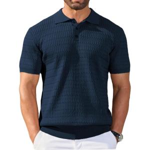 imageCOOFANDY Mens Knit Polo Shirt Short Sleeve Vintage Textured Casual Golf Shirts Summer Beach TopNavy Blue