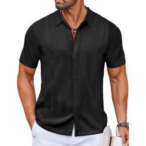 imageCOOFANDY Mens Knit Shirts Short Sleeve Button Down Polo Shirt Vintage Casual Beach Shirt Summer TopsBlack