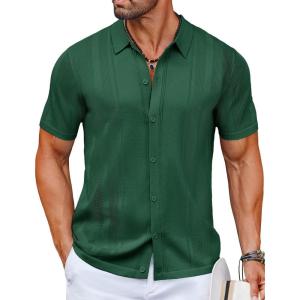 imageCOOFANDY Mens Knit Shirts Short Sleeve Button Down Polo Shirt Vintage Casual Beach Shirt Summer TopsDark Green