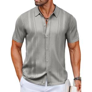 imageCOOFANDY Mens Knit Shirts Short Sleeve Button Down Polo Shirt Vintage Casual Beach Shirt Summer TopsGrey