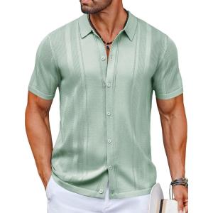imageCOOFANDY Mens Knit Shirts Short Sleeve Button Down Polo Shirt Vintage Casual Beach Shirt Summer TopsIce Green
