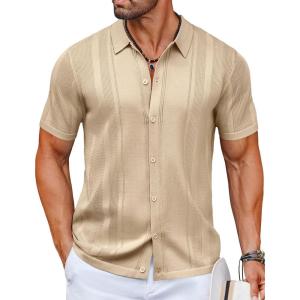 imageCOOFANDY Mens Knit Shirts Short Sleeve Button Down Polo Shirt Vintage Casual Beach Shirt Summer TopsKhaki
