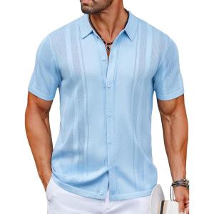 imageCOOFANDY Mens Knit Shirts Short Sleeve Button Down Polo Shirt Vintage Casual Beach Shirt Summer TopsLight Blue