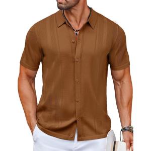 imageCOOFANDY Mens Knit Shirts Short Sleeve Button Down Polo Shirt Vintage Casual Beach Shirt Summer TopsLight Brown