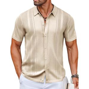 imageCOOFANDY Mens Knit Shirts Short Sleeve Button Down Polo Shirt Vintage Casual Beach Shirt Summer TopsLight Khaki