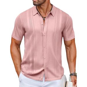 imageCOOFANDY Mens Knit Shirts Short Sleeve Button Down Polo Shirt Vintage Casual Beach Shirt Summer TopsLight Pink