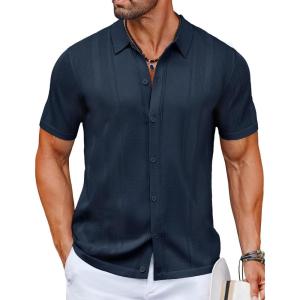 imageCOOFANDY Mens Knit Shirts Short Sleeve Button Down Polo Shirt Vintage Casual Beach Shirt Summer TopsNavy Blue