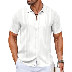 imageCOOFANDY Mens Knit Shirts Short Sleeve Button Down Polo Shirt Vintage Casual Beach Shirt Summer TopsWhite
