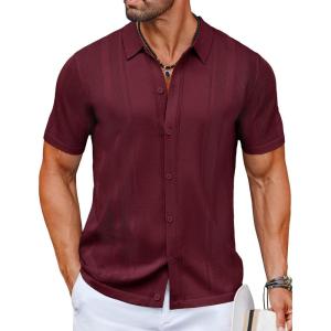 imageCOOFANDY Mens Knit Shirts Short Sleeve Button Down Polo Shirt Vintage Casual Beach Shirt Summer TopsWine Red