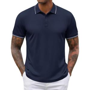 imageCOOFANDY Mens Polo Shirts Short Sleeve Golf Polo Button Pullover Casual Contrast Color Basic T Shirt Ribbed CollarDeep Blue