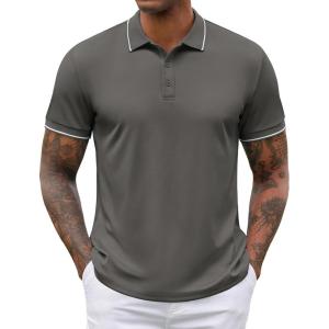 imageCOOFANDY Mens Polo Shirts Short Sleeve Golf Polo Button Pullover Casual Contrast Color Basic T Shirt Ribbed CollarDeep Gray