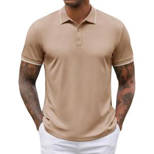 imageCOOFANDY Mens Polo Shirts Short Sleeve Golf Polo Button Pullover Casual Contrast Color Basic T Shirt Ribbed CollarKhaki