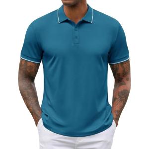imageCOOFANDY Mens Polo Shirts Short Sleeve Golf Polo Button Pullover Casual Contrast Color Basic T Shirt Ribbed CollarLake Blue