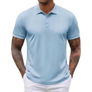 imageCOOFANDY Mens Polo Shirts Short Sleeve Golf Polo Button Pullover Casual Contrast Color Basic T Shirt Ribbed CollarLight Blue