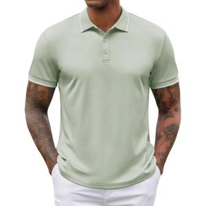 imageCOOFANDY Mens Polo Shirts Short Sleeve Golf Polo Button Pullover Casual Contrast Color Basic T Shirt Ribbed CollarLight Green