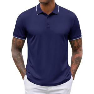 imageCOOFANDY Mens Polo Shirts Short Sleeve Golf Polo Button Pullover Casual Contrast Color Basic T Shirt Ribbed CollarNavy Blue