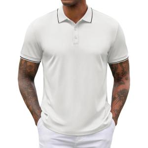 imageCOOFANDY Mens Polo Shirts Short Sleeve Golf Polo Button Pullover Casual Contrast Color Basic T Shirt Ribbed CollarWhite