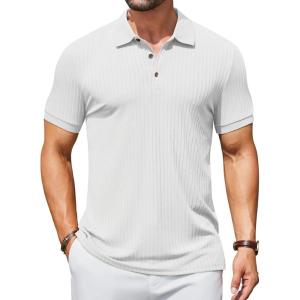 imageCOOFANDY Mens Textured Polo Shirts Short Sleeve Slim Fit Casual Button Polo TShirt Summer Collared Golf ShirtAll White