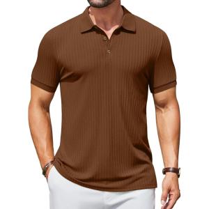 imageCOOFANDY Mens Textured Polo Shirts Short Sleeve Slim Fit Casual Button Polo TShirt Summer Collared Golf ShirtBrown