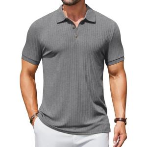 imageCOOFANDY Mens Textured Polo Shirts Short Sleeve Slim Fit Casual Button Polo TShirt Summer Collared Golf ShirtDark Grey
