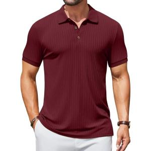 imageCOOFANDY Mens Textured Polo Shirts Short Sleeve Slim Fit Casual Button Polo TShirt Summer Collared Golf ShirtDark Red