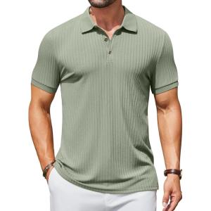 imageCOOFANDY Mens Textured Polo Shirts Short Sleeve Slim Fit Casual Button Polo TShirt Summer Collared Golf ShirtLight Green