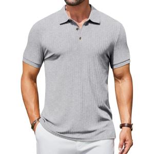 imageCOOFANDY Mens Textured Polo Shirts Short Sleeve Slim Fit Casual Button Polo TShirt Summer Collared Golf ShirtLight Grey
