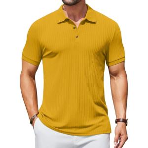 imageCOOFANDY Mens Textured Polo Shirts Short Sleeve Slim Fit Casual Button Polo TShirt Summer Collared Golf ShirtYellow