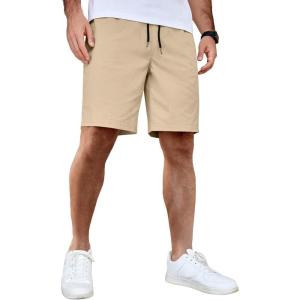 imageCOOFANDY Mens Casual Shorts Cotton Elastic Waist Drawstring Shorts Lightweight Summer Beach ShortsLight Khaki